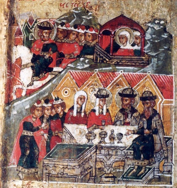 Исцеленный князь Петр увозит Февронию в Муром, где они сидят на пиру с князем Павлом и его супругой 