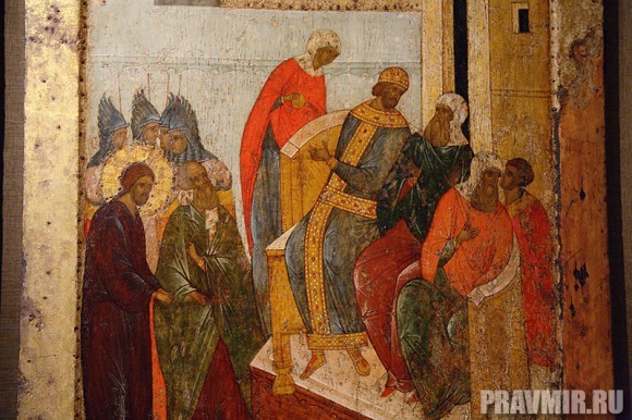 Христос перед Пилатом. Икона из праздничного ряда иконостаса Успенского собора Кирилло-Белозерского монастыря.