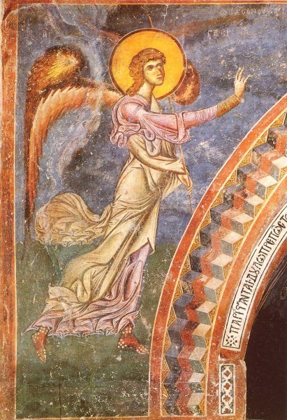 Архангел из композиции «Благовещение». Фреска церкви св.Георгия в Курбиново. 1191г. Македония