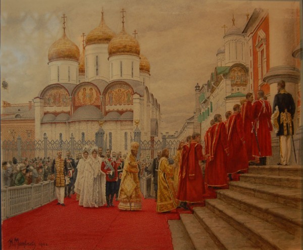 Торжественное шествие императорской семьи в Кремле в Чудов монастырь.