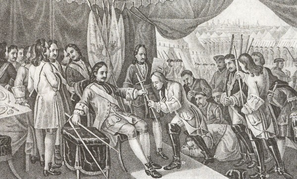 Петр I после Полтавской победы возвращает пленным шведским генералам шпаги