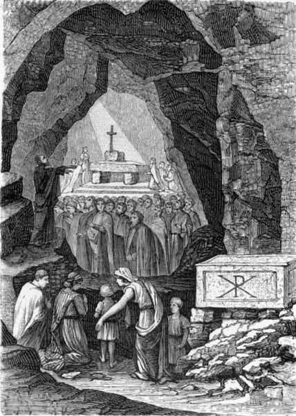 Раннехристианское богослужение в катакомбах святого Каллиста (гравюра XIX века).